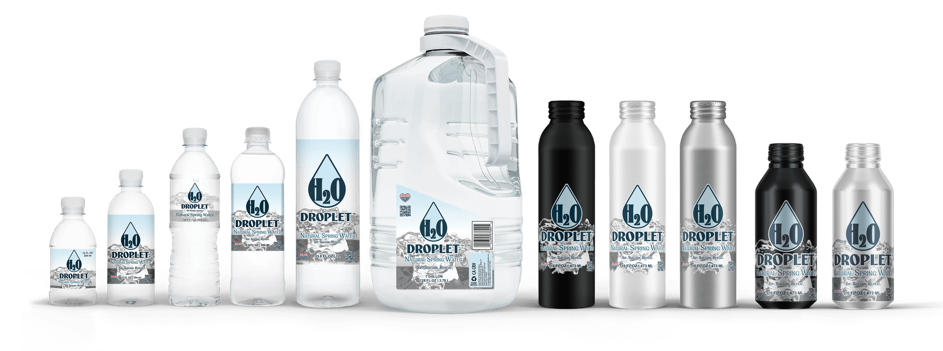 H2O Droplet full product lineup — PET plastic and aluminum spring water bottles